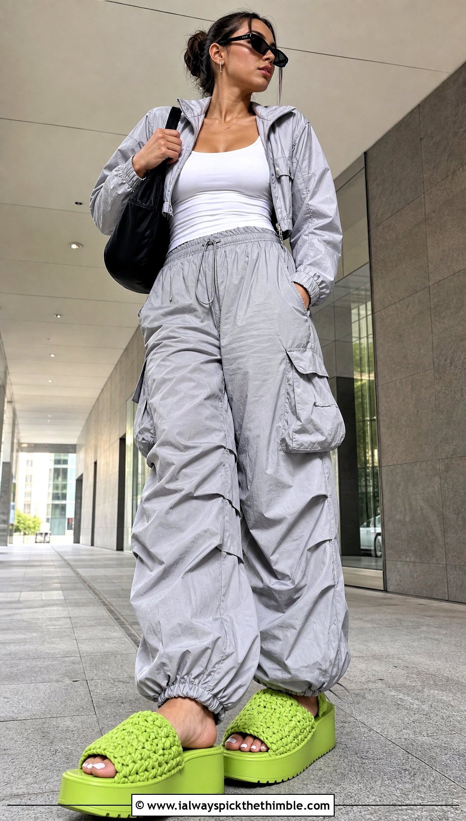Platform Crocheted Slippers With Cargo Pants - 20 ladies crocheted slippers outfit ideas