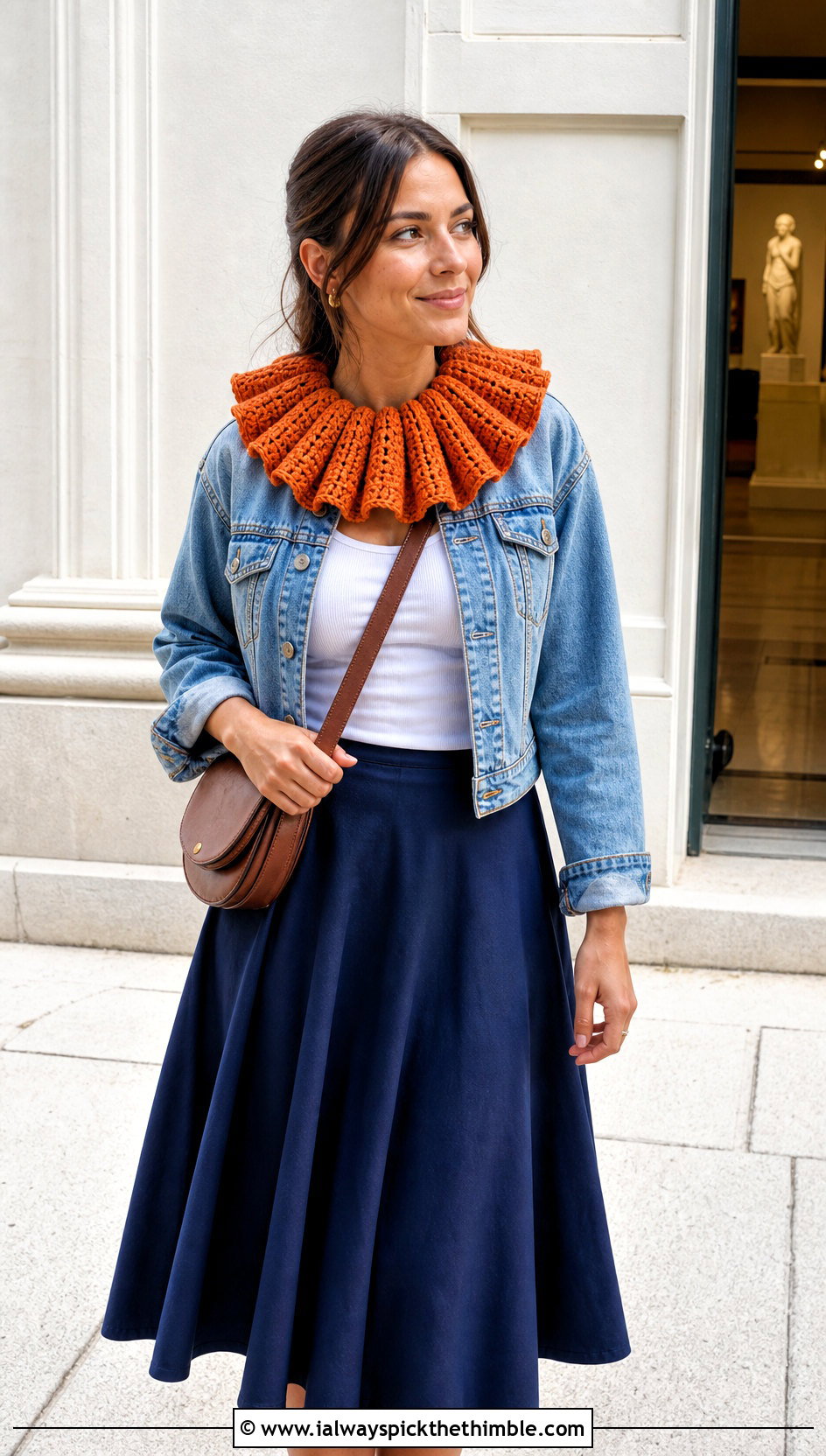 Pleated Crochet Clown Collar With Denim Jacket And Midi Skirt - 25 crochet clown collar outfit ideas