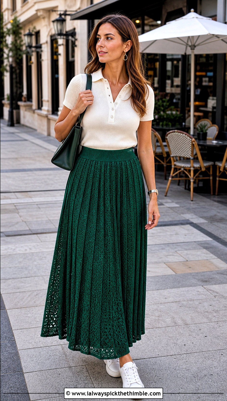 Pleated Crochet Maxi Skirt With Polo Knit Top - 25 crochet flowy skirt outfit ideas
