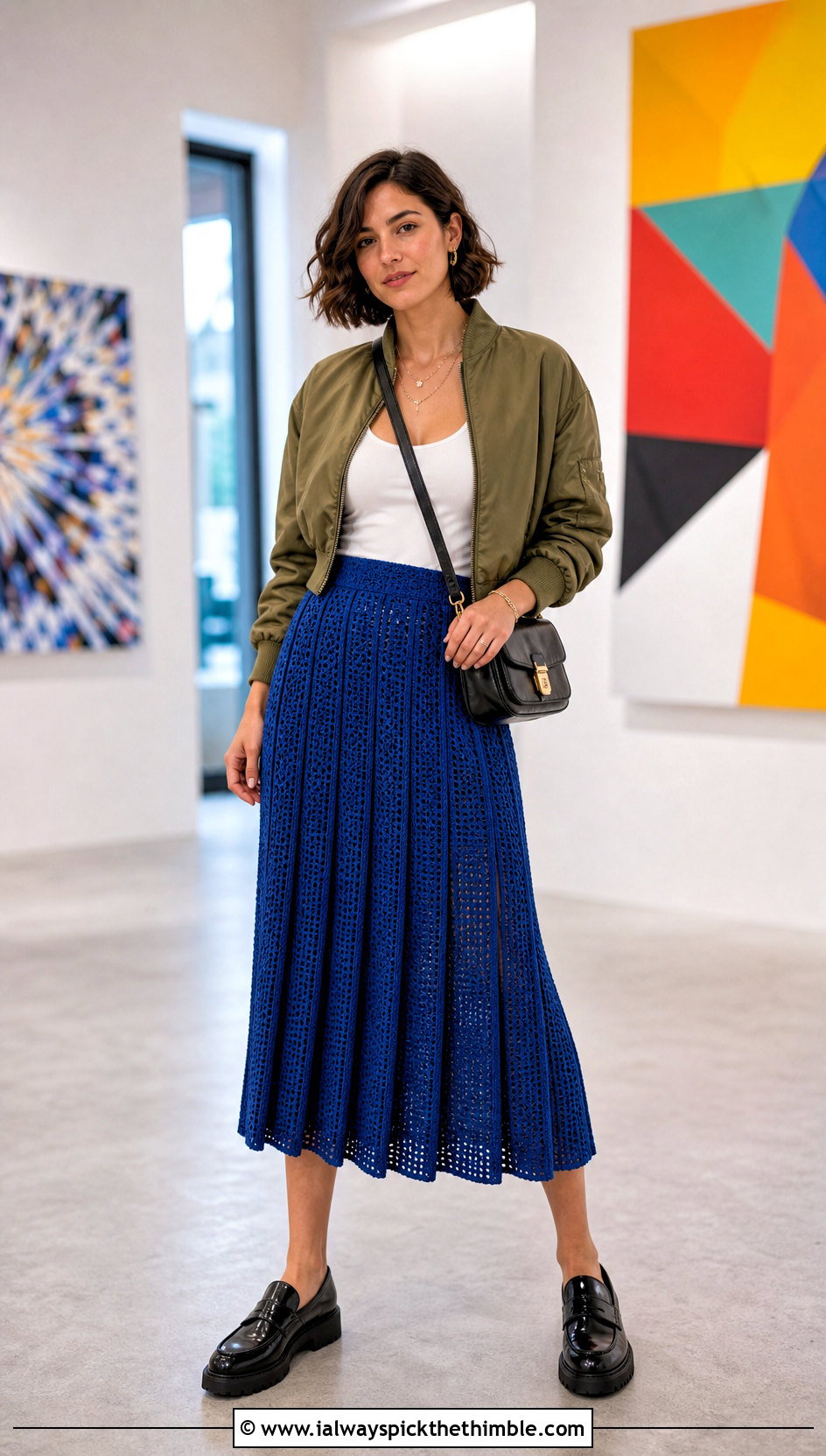 Pleated Crochet Midi Skirt With Bomber Jacket - 25 crochet skirts outfit ideas