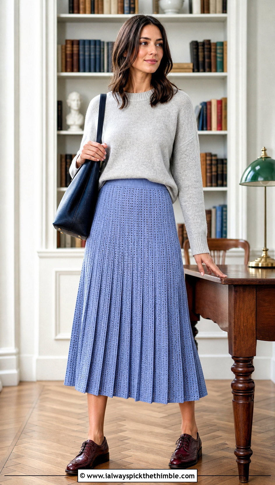 Pleated Crochet Midi Skirt With Crewneck Sweater - 25 crochet midi skirt outfit ideas