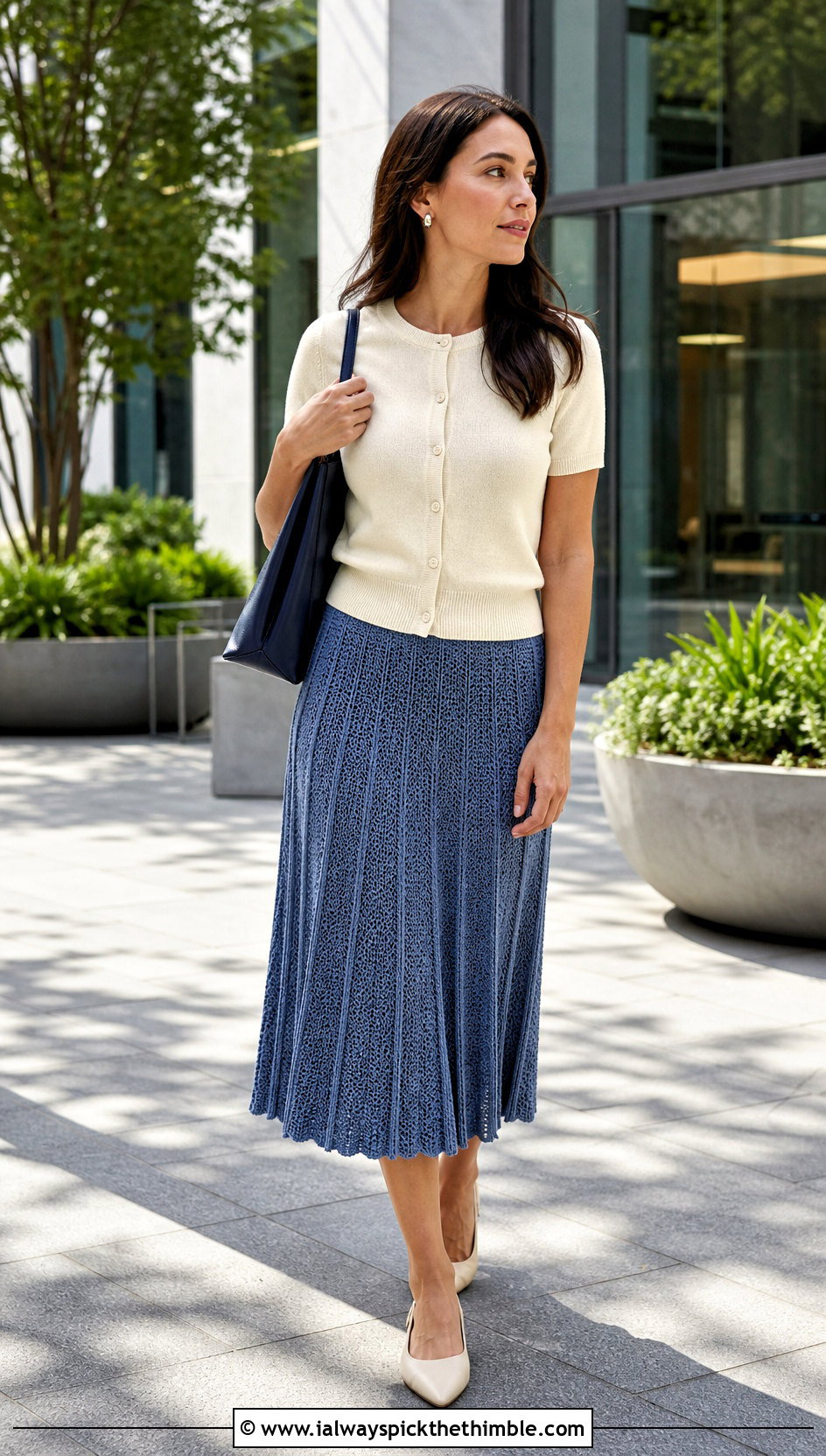 Pleated Crochet Midi Skirt With Fine Knit Cardigan - 25 crochet summer skirt outfit ideas