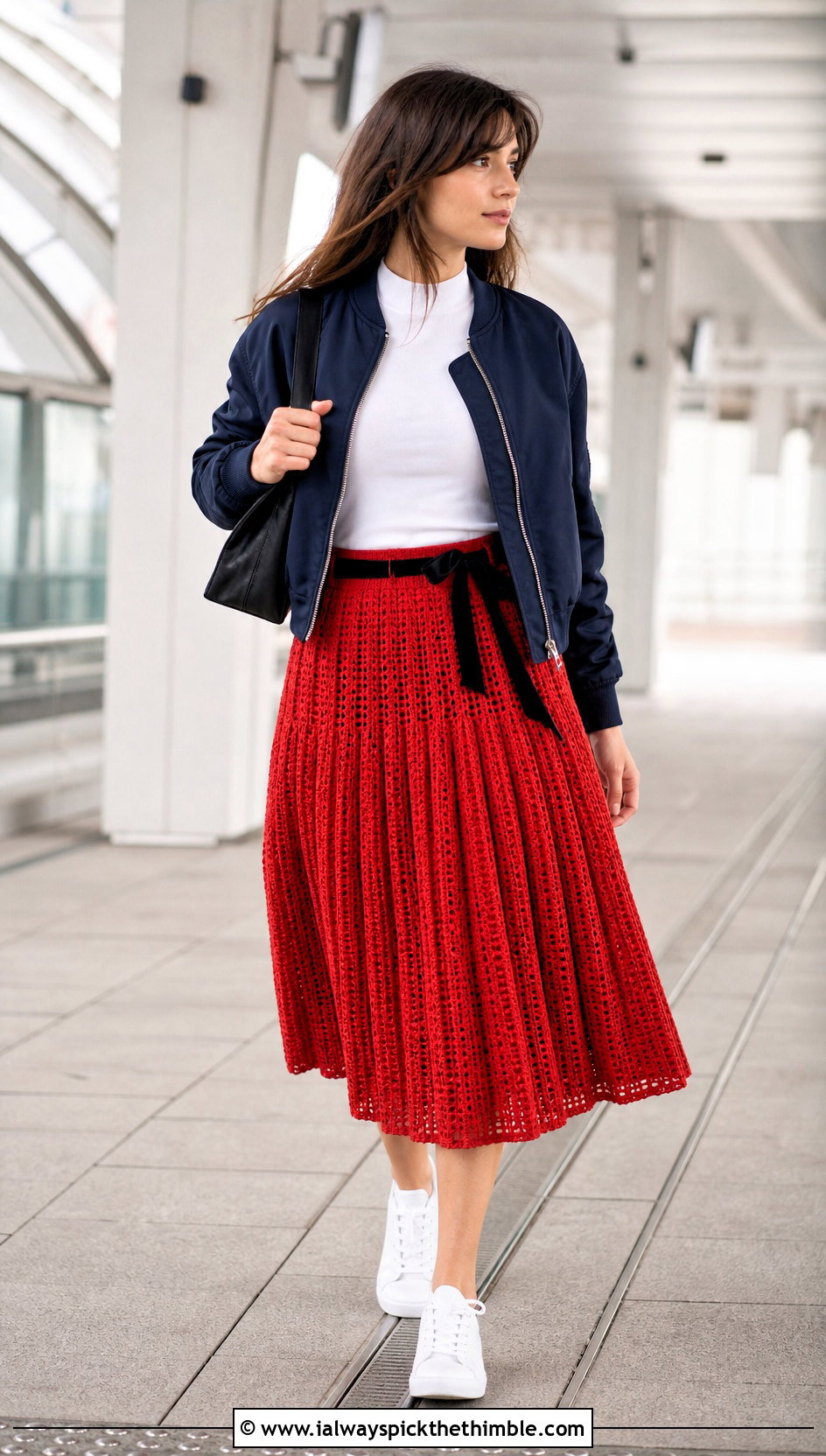 Pleated Crochet Midi Skirt With Velvet Ribbon And Bomber Jacket - 15 Crochet Skirt With Ribbon Detail outfit ideas