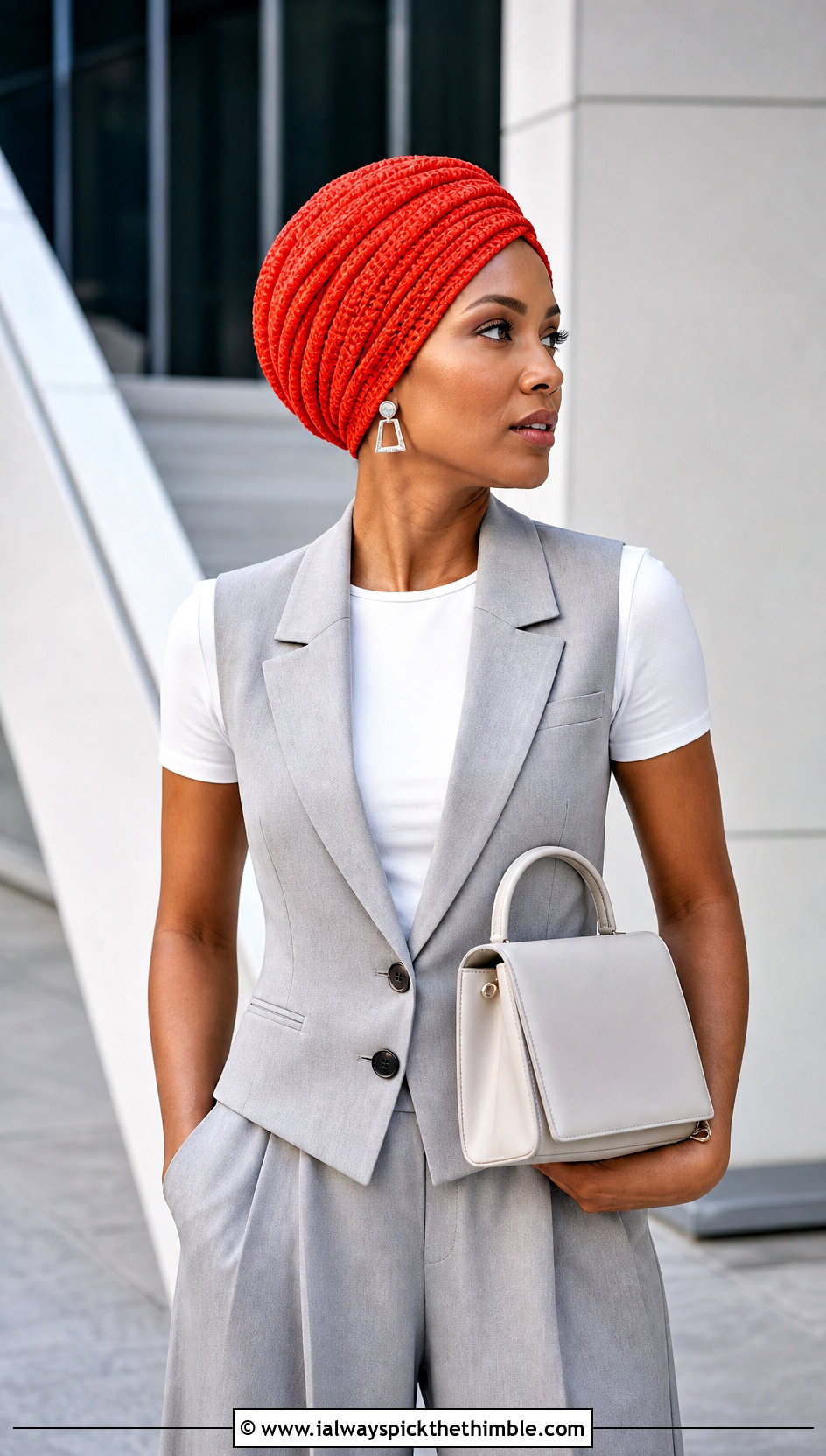 Pleated Crochet Turban With Vest And Trousers - 25 crochet turban outfit ideas
