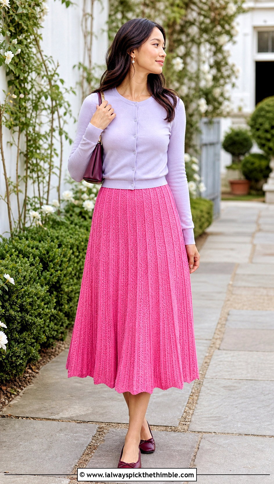 Pleated Effect Midi Crochet Skirt With Fitted Cardigan - 20 midi crochet skirt outfit ideas
