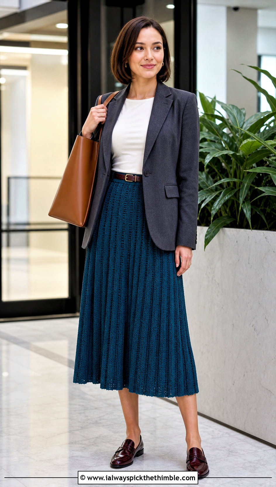 Pleated Look Crochet Midi Skirt With Blazer - 25 crochet skirt outfit ideas