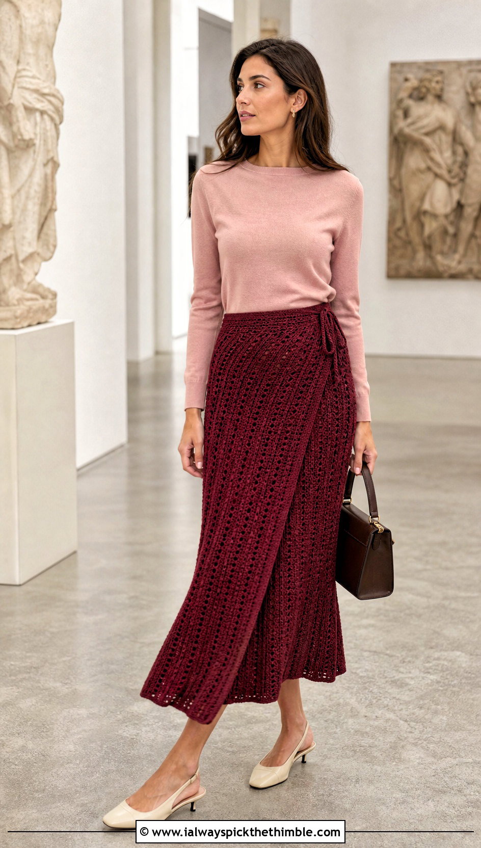 Pleated Look Crochet Wrap Skirt With Fine Knit Top - 25 crochet wrap skirt outfit ideas