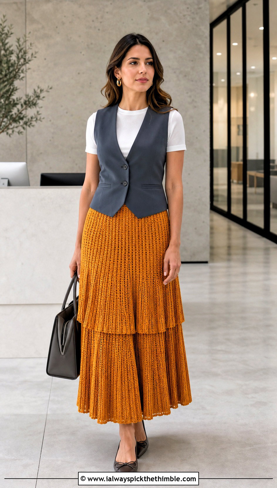 Pleated Look Layered Crochet Skirt With Waistcoat - 25 Layered Crochet Skirt outfit ideas