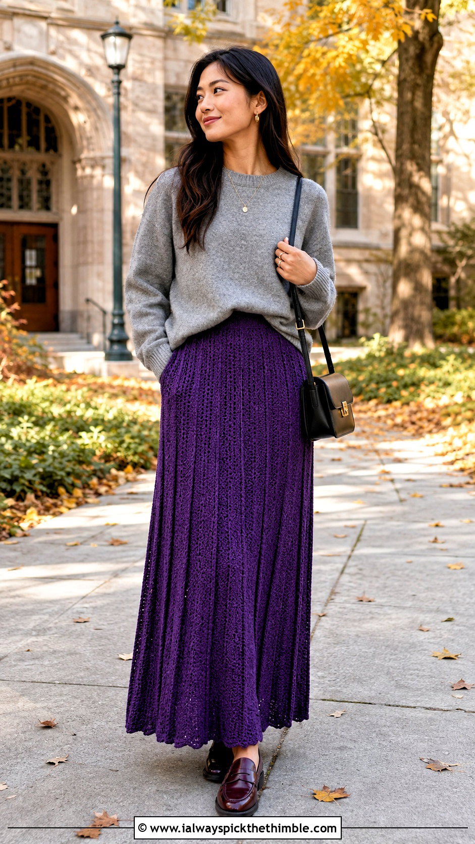 Pleated Look Maxi Crochet Skirt With Crewneck Sweater - 25 maxi crochet skirt outfit ideas