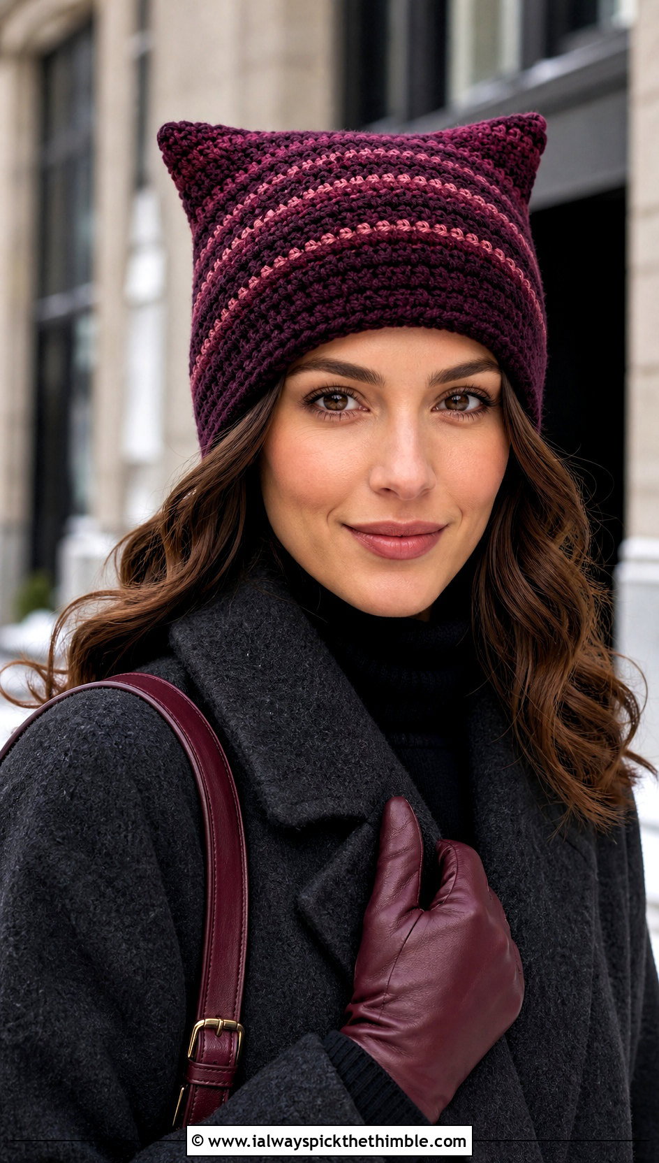 Plum Clancy Crochet Beanie With Long Wool Coat - 20 clancy beanie crochet outfit ideas