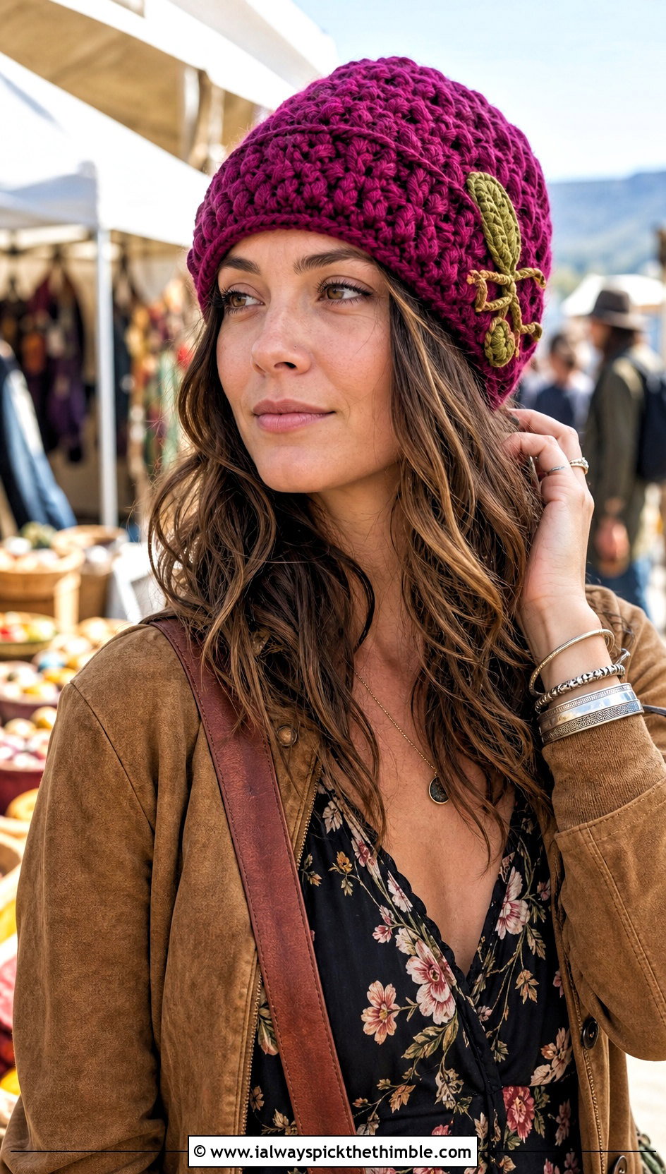 Plum Crochet Beanie With Boho Maxi Dress - 20 crochet fruit beanie outfit ideas