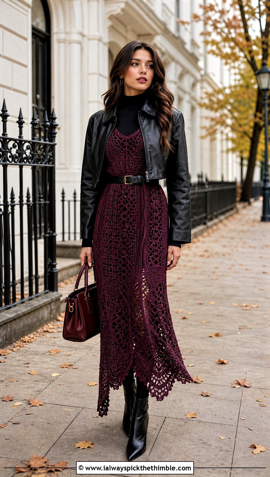 Plum Crochet Maxi Dress With Leather Jacket - 25 purple crochet dress outfit ideas