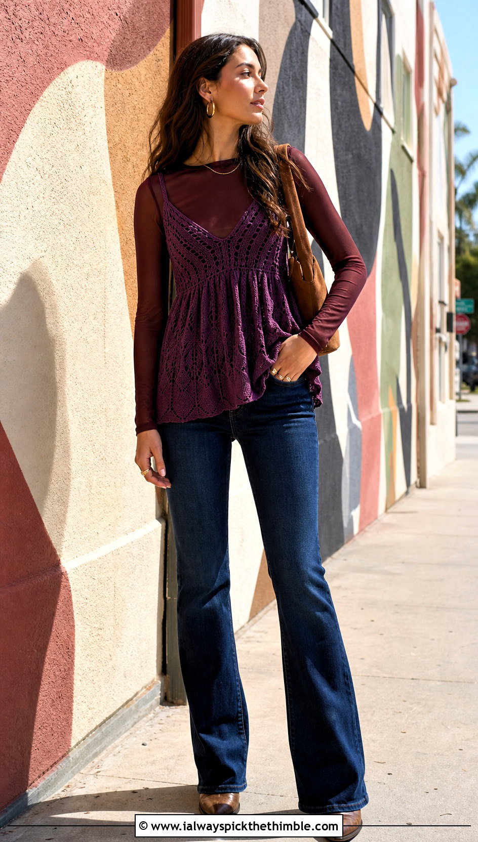 Plum Crochet Style Babydoll Top With Dark Wash Flare Jeans - 20 hollister crochet babydoll top outfit ideas