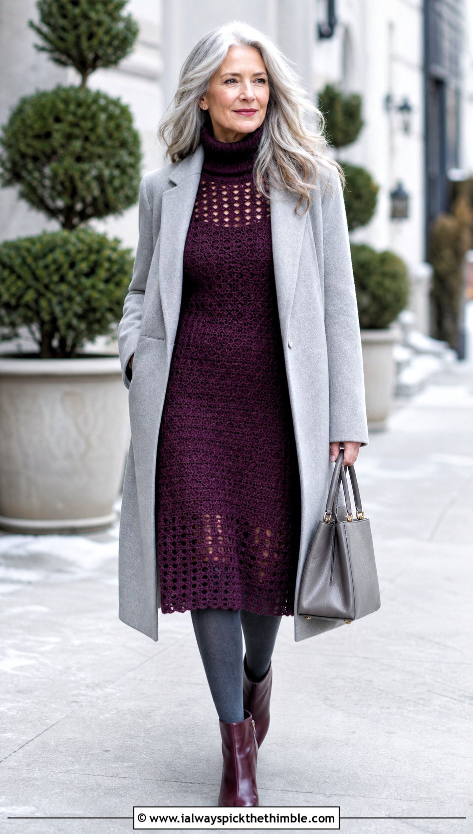 Plum Crochet Turtleneck Dress With Tailored Coat - 15 Doja Cat Say So Crochet Dress outfit ideas