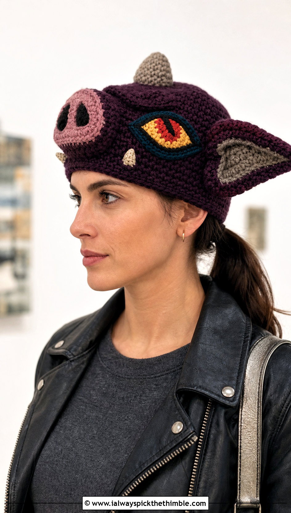Plum Noir Bokoblin Mask Crochet Hat With Leather Jacket - 15 Bokoblin Crochet Hat outfit ideas