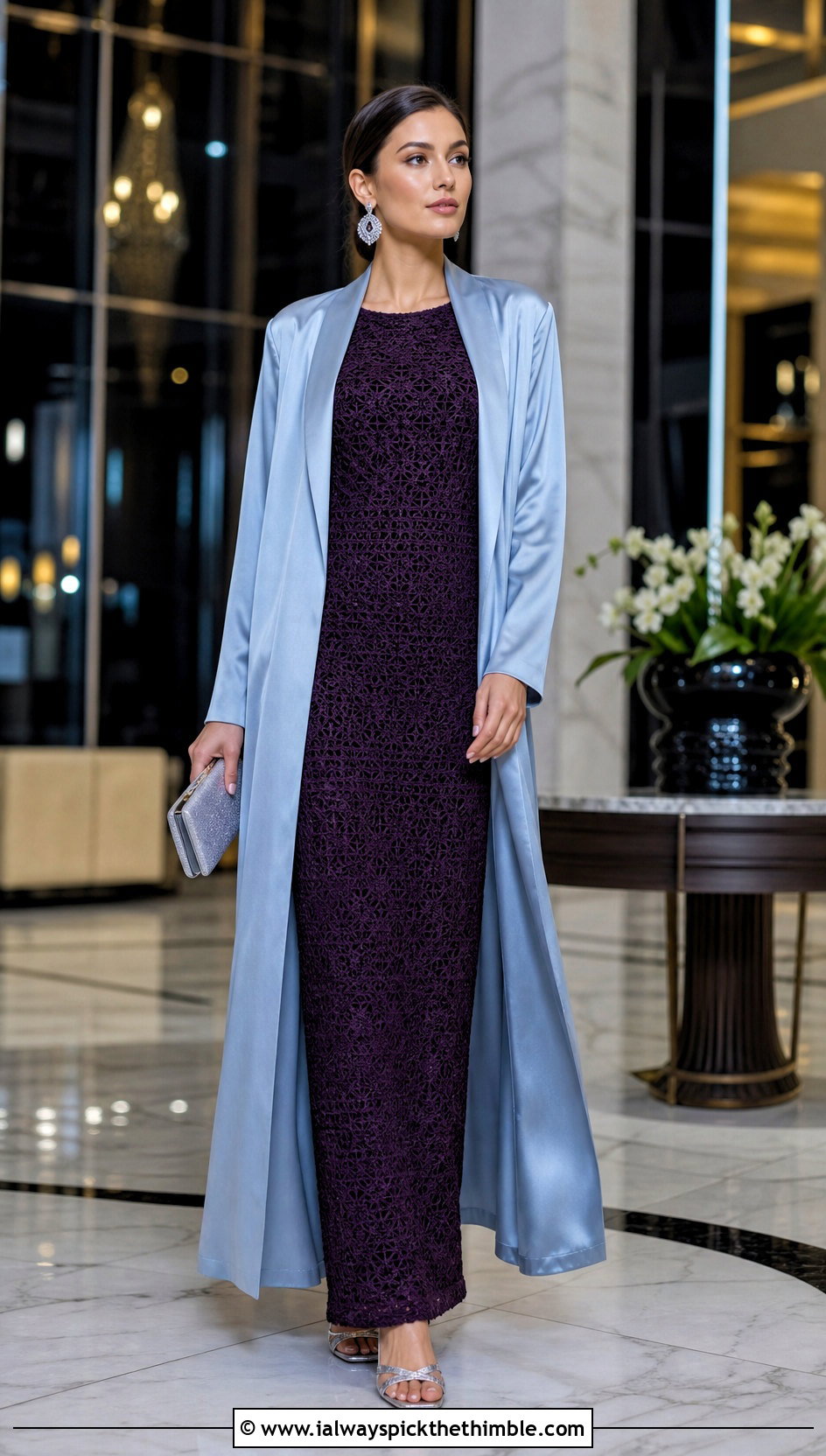 Plum Noir Crochet Column Dress With Satin Coat - 25 purple crochet dress outfit ideas