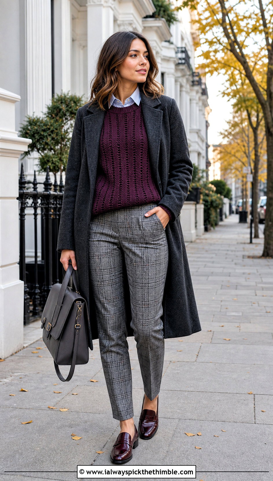 Plum Noir Ribbed Crochet Sweater With Plaid Trousers - 15 bright crochet sweater design outfit ideas