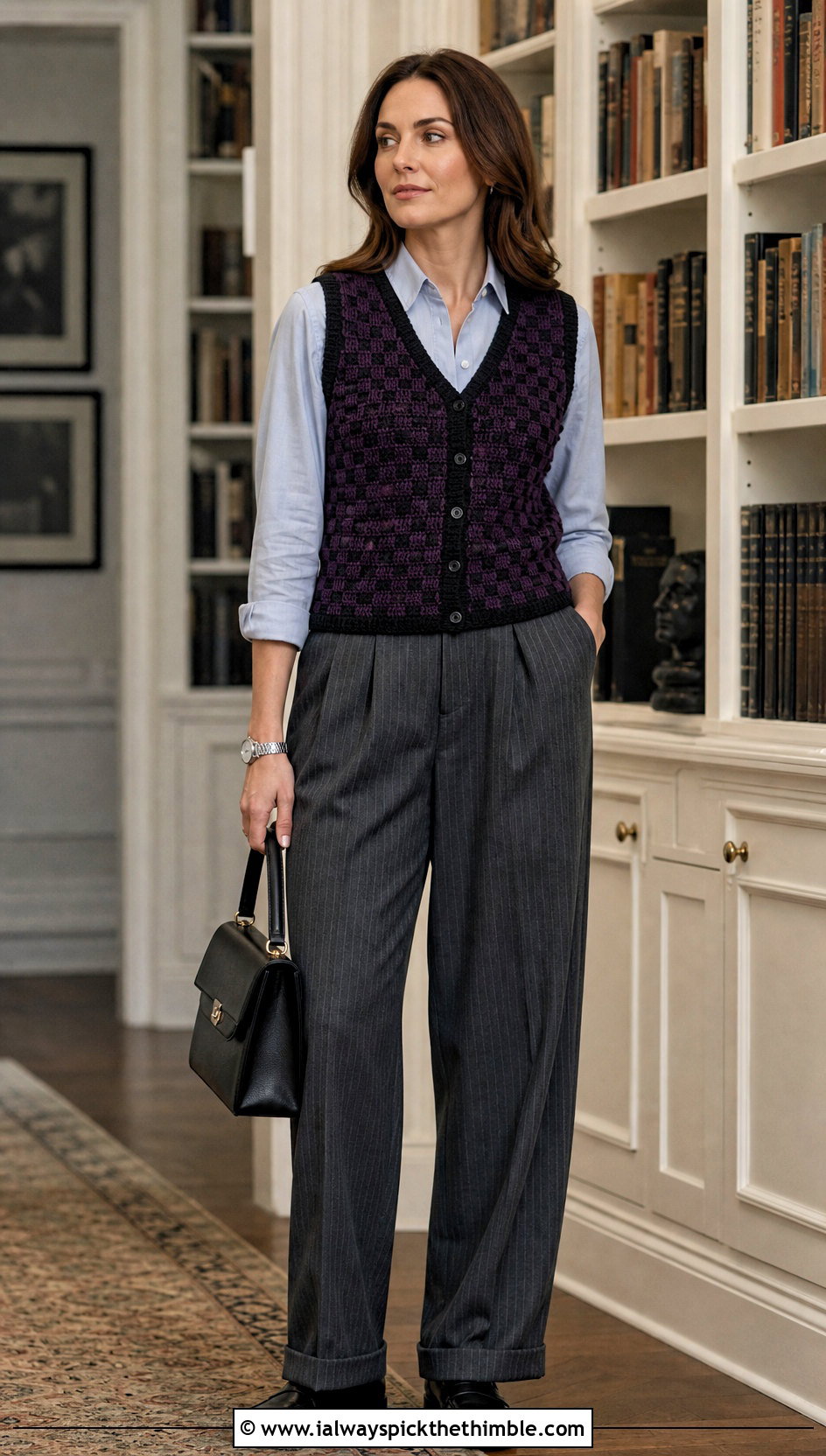 Plum Noir Tunisian Crochet Wednesday Addams Vest With Pinstripe Pants - 15 Crochet Wednesday Addams Vest outfit ideas
