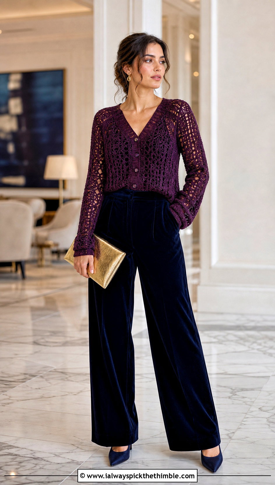 Plum Sunset Crochet Sweater With Velvet Trousers - 20 Sunset Crochet Sweater outfit ideas