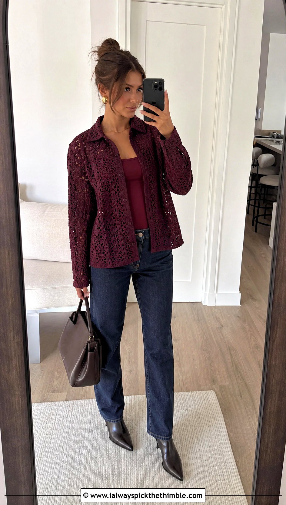Plum Textured Stussy Crochet Shirt With Dark Wash Jeans - 15 stussy crochet shirt outfit ideas