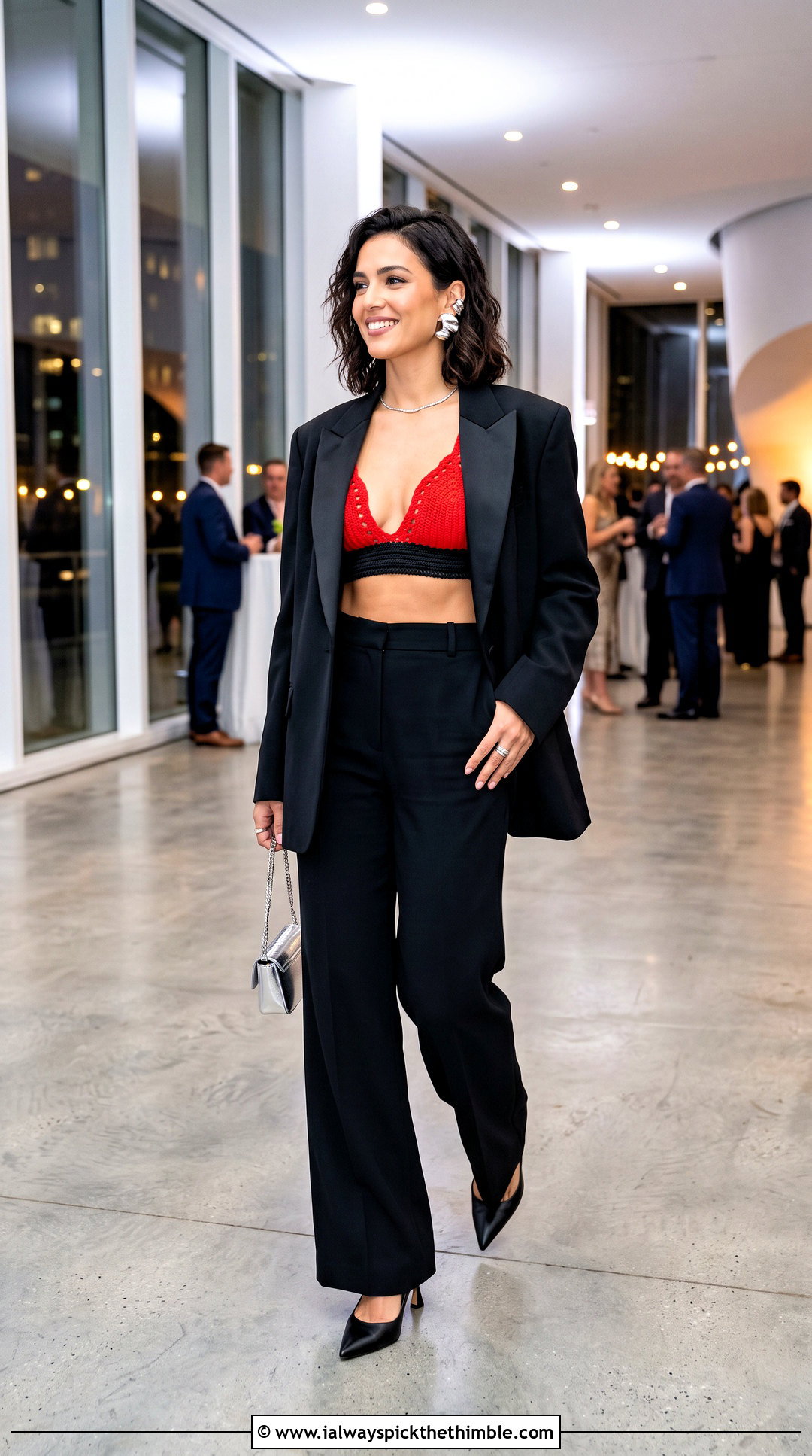 Plunge Crochet Bra Top With High Waisted Blazer Pants - 25 crochet bra top outfit ideas