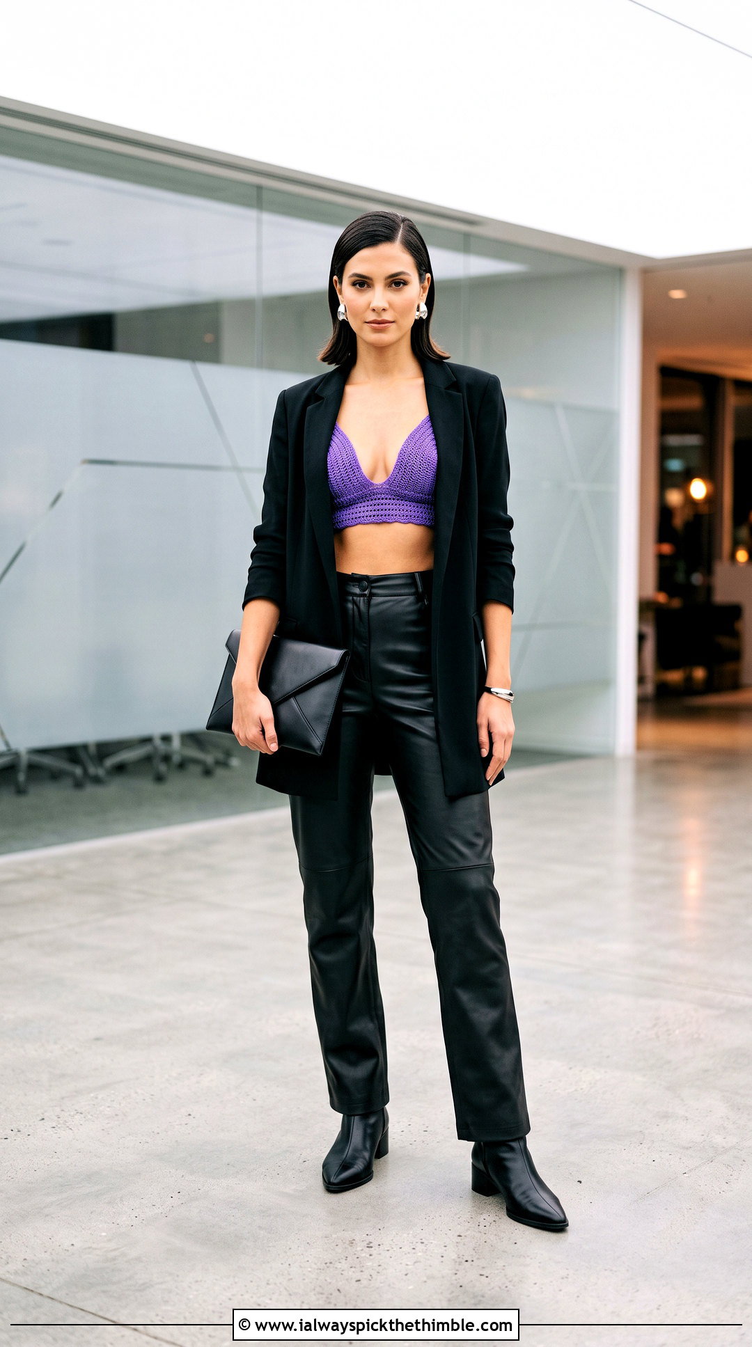 Plunge Push Up Crochet Bra With Leather Pants - 20 crochet push up bra outfit ideas