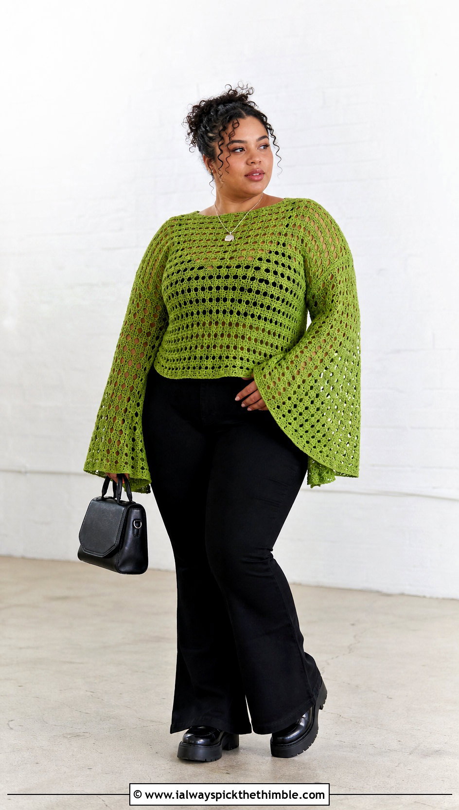 Plus Size Bell Sleeve Crochet Sweater With Flared Pants - 20 plus size crochet sweater outfit ideas