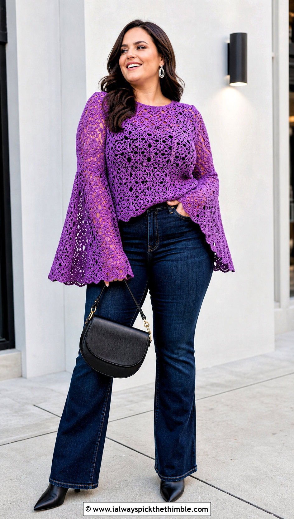 Plus Size Bell Sleeve Crochet Top With Bootcut Jeans - 25 plus size crochet top outfit ideas
