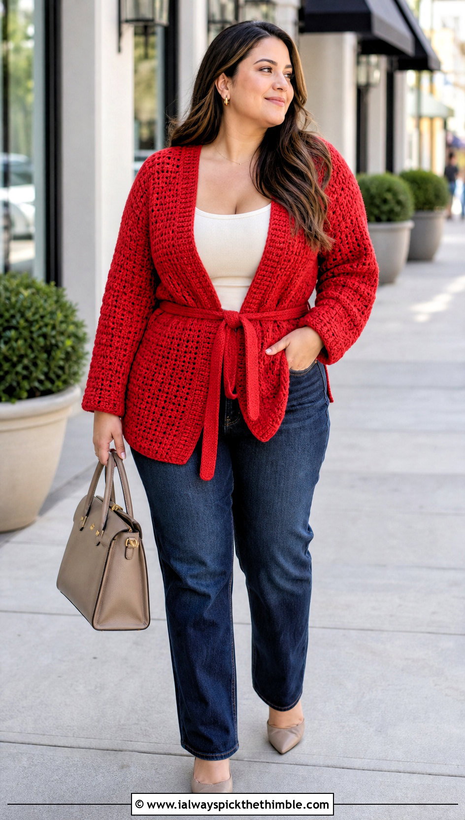 Plus Size Belted Crochet Cardigan With Straight Leg Jeans - 20 crochet plus size cardigan outfit ideas