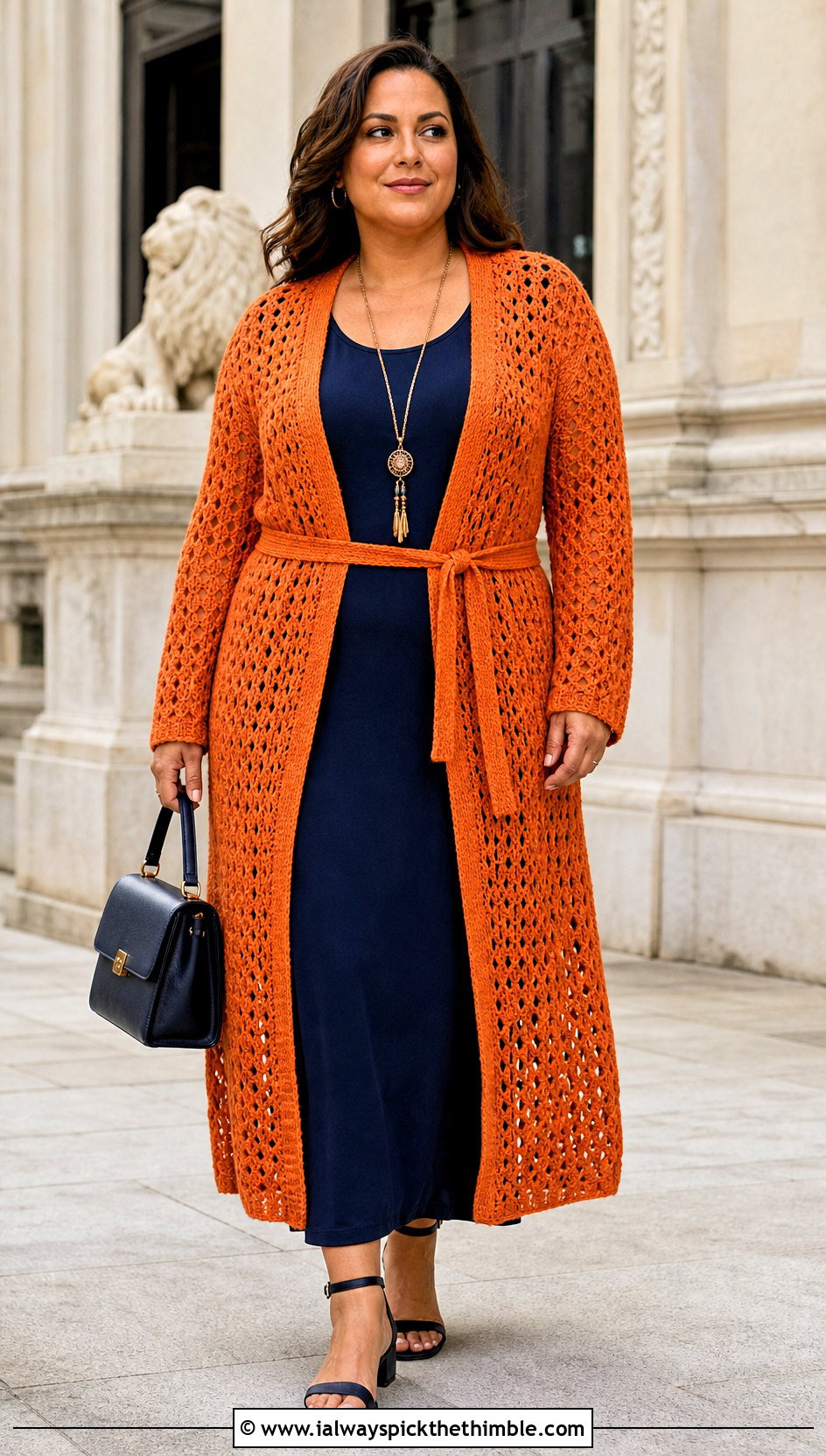 Plus Size Belted Crochet Duster Cardigan With Column Dress - 25 plus size crochet cardigan outfit ideas