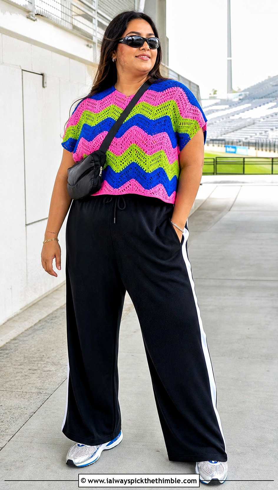 Plus Size Chevron Crochet Top With Track Pants - 20 Crochet Top Plus Size outfit ideas