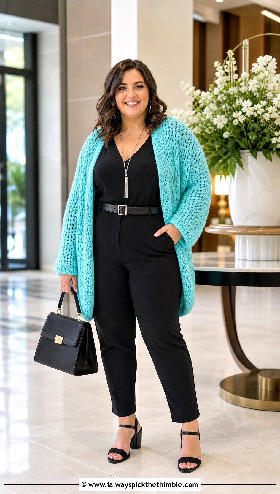 Plus Size Cocoon Crochet Cardigan With Fitted Jumpsuit - 20 crochet plus size cardigan outfit ideas