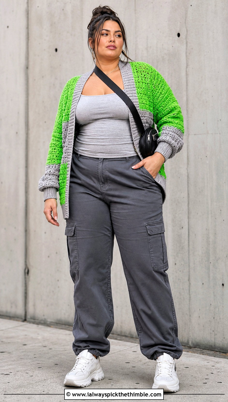 Plus Size Color Block Crochet Cardigan With Cargo Pants - 25 plus size crochet cardigan outfit ideas
