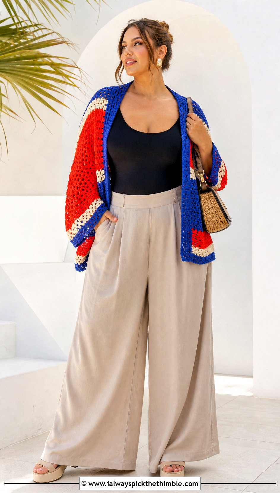 Plus Size Color Block Crochet Summer Cardigan With Palazzo Pants - 20 plus size crochet summer cardigan outfit ideas