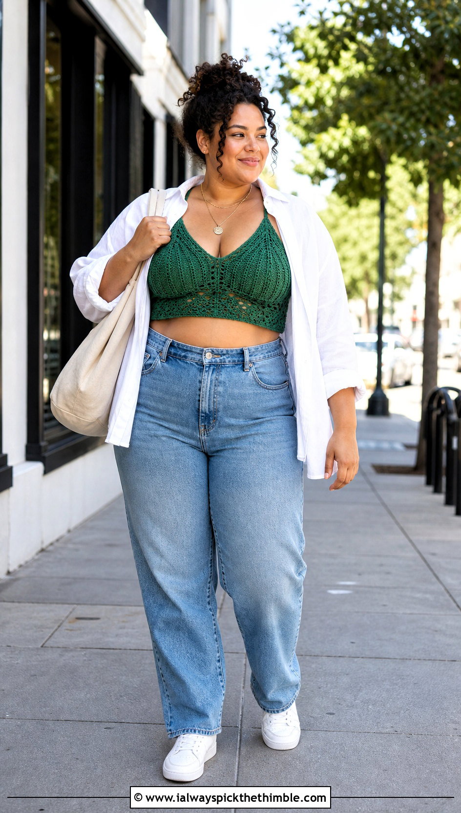 Plus Size Crochet Bralette Crop Top With Oversized Shirt And Jeans - 20 Crochet Crop Top Plus Size outfit ideas