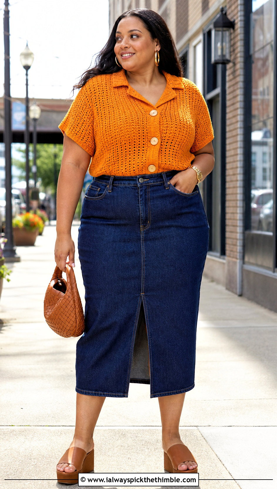 Plus Size Crochet Button Up Top With A Denim Skirt - 20 Crochet Top Plus Size outfit ideas