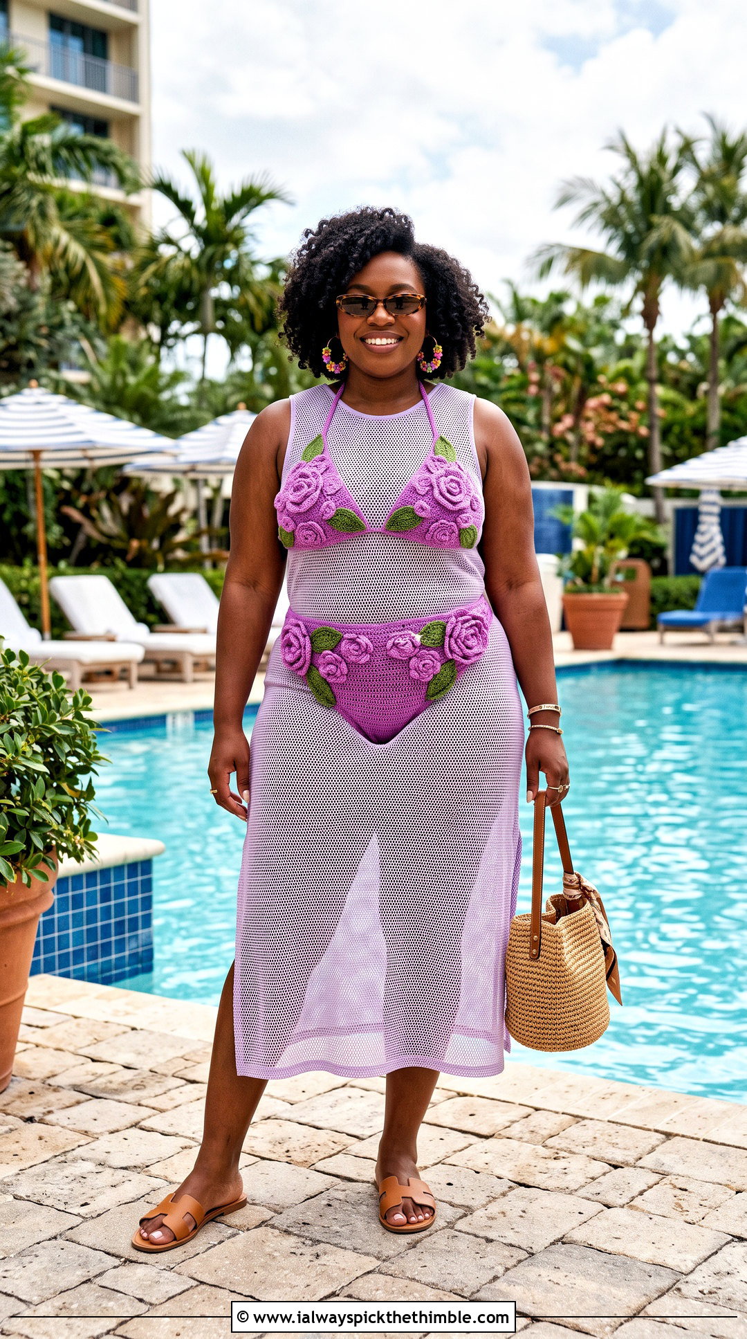 Plus Size Crochet Floral Applique Bikini With Mesh Dress - 20 plus size crochet swimwear outfit ideas