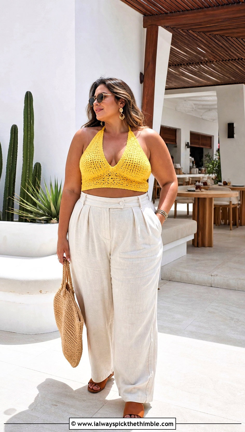 Plus Size Crochet Halter Crop Top With Linen Pants - 20 Crochet Crop Top Plus Size outfit ideas