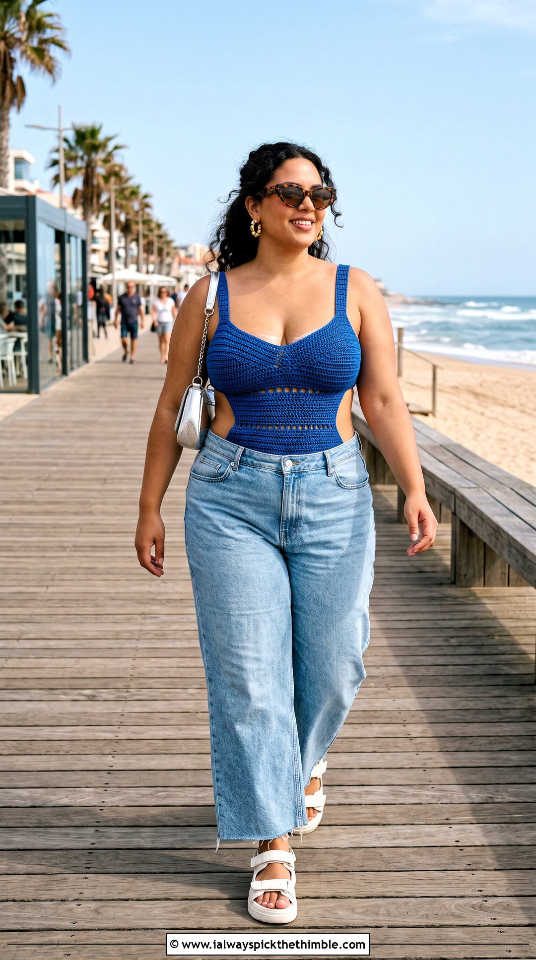 Plus Size Crochet Monokini With Wide Leg Jeans - 20 plus size crochet swimwear outfit ideas