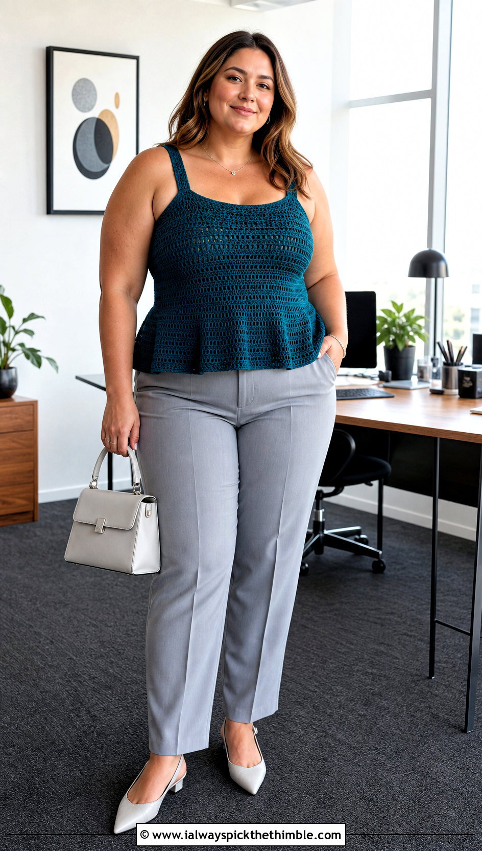 Plus Size Crochet Peplum Tank With Tailored Trousers - 20 Crochet Top Plus Size outfit ideas