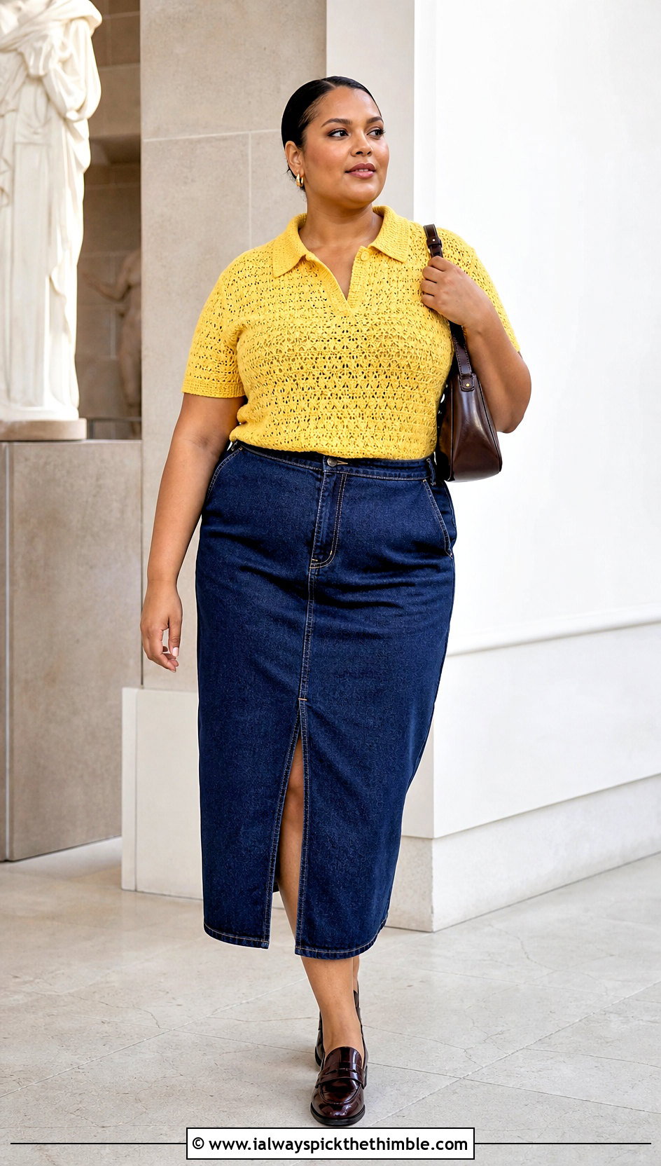 Plus Size Crochet Polo Top With Denim Midi Skirt - 20 plus size crochet tops outfit ideas