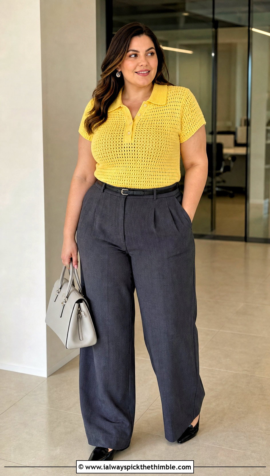 Plus Size Crochet Polo Top With Tailored Trousers - 25 plus size crochet top outfit ideas