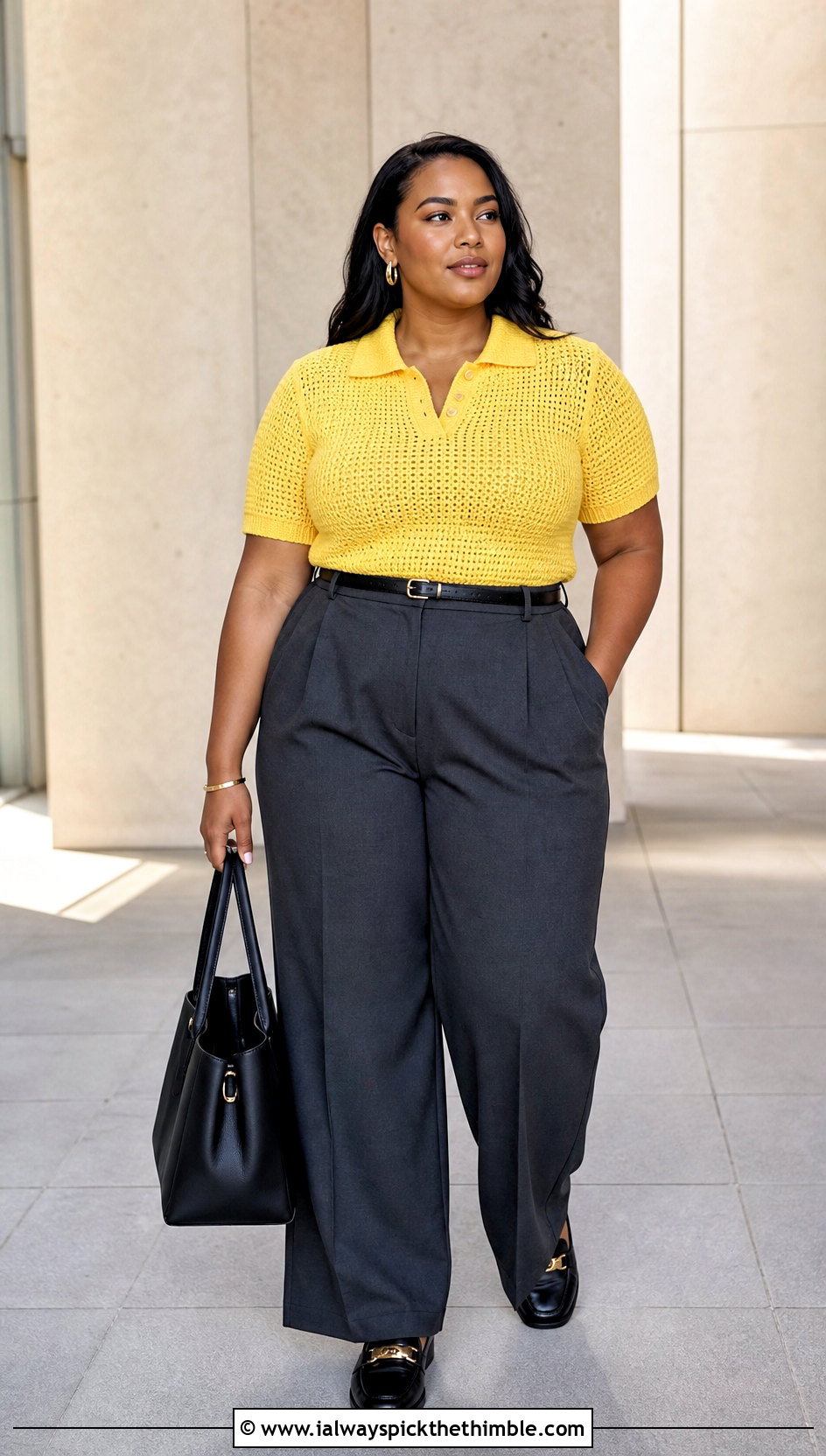 Plus Size Crochet Polo Top With Tailored Trousers - 20 Crochet Tops Plus Size outfit ideas