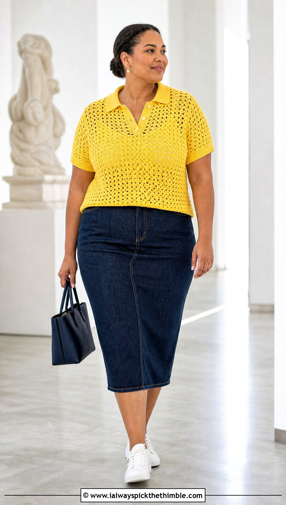 Plus Size Crochet Polo With Denim Midi Skirt - 20 Crochet Clothes Plus Size outfit ideas