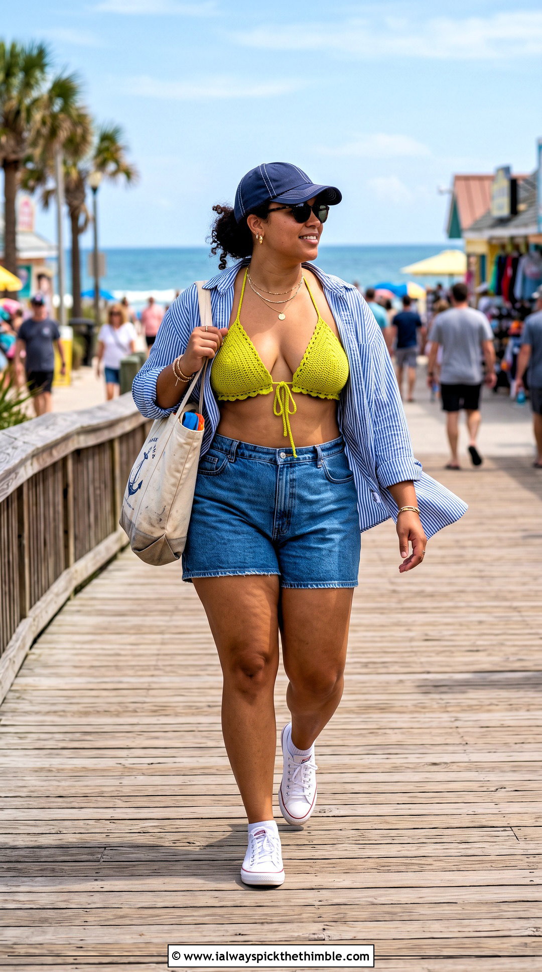 Plus Size Crochet Triangle Bikini With Denim Shorts - 20 plus size crochet swimwear outfit ideas