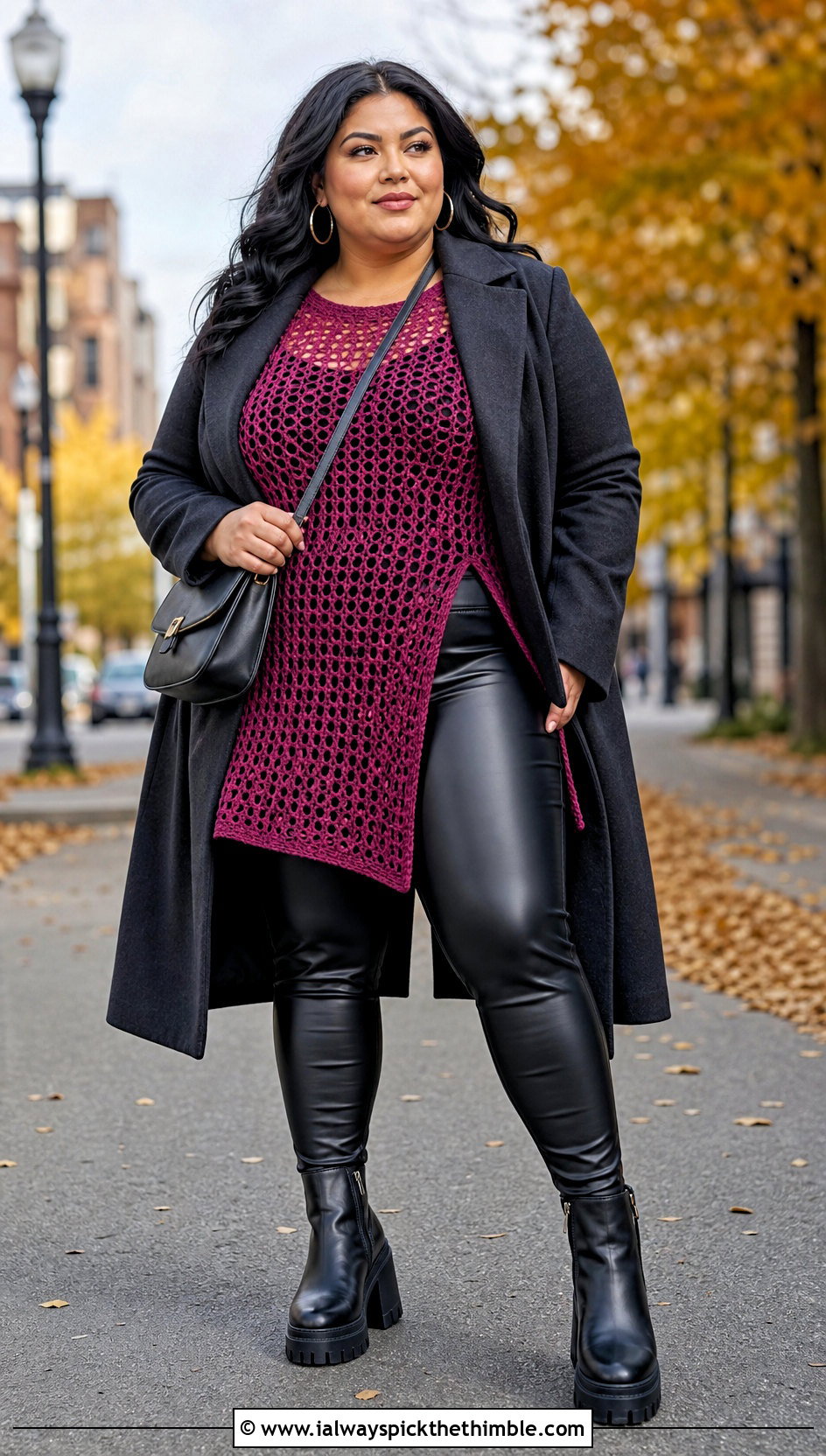 Plus Size Crochet Tunic Top With Faux Leather Leggings - 20 Crochet Top Plus Size outfit ideas