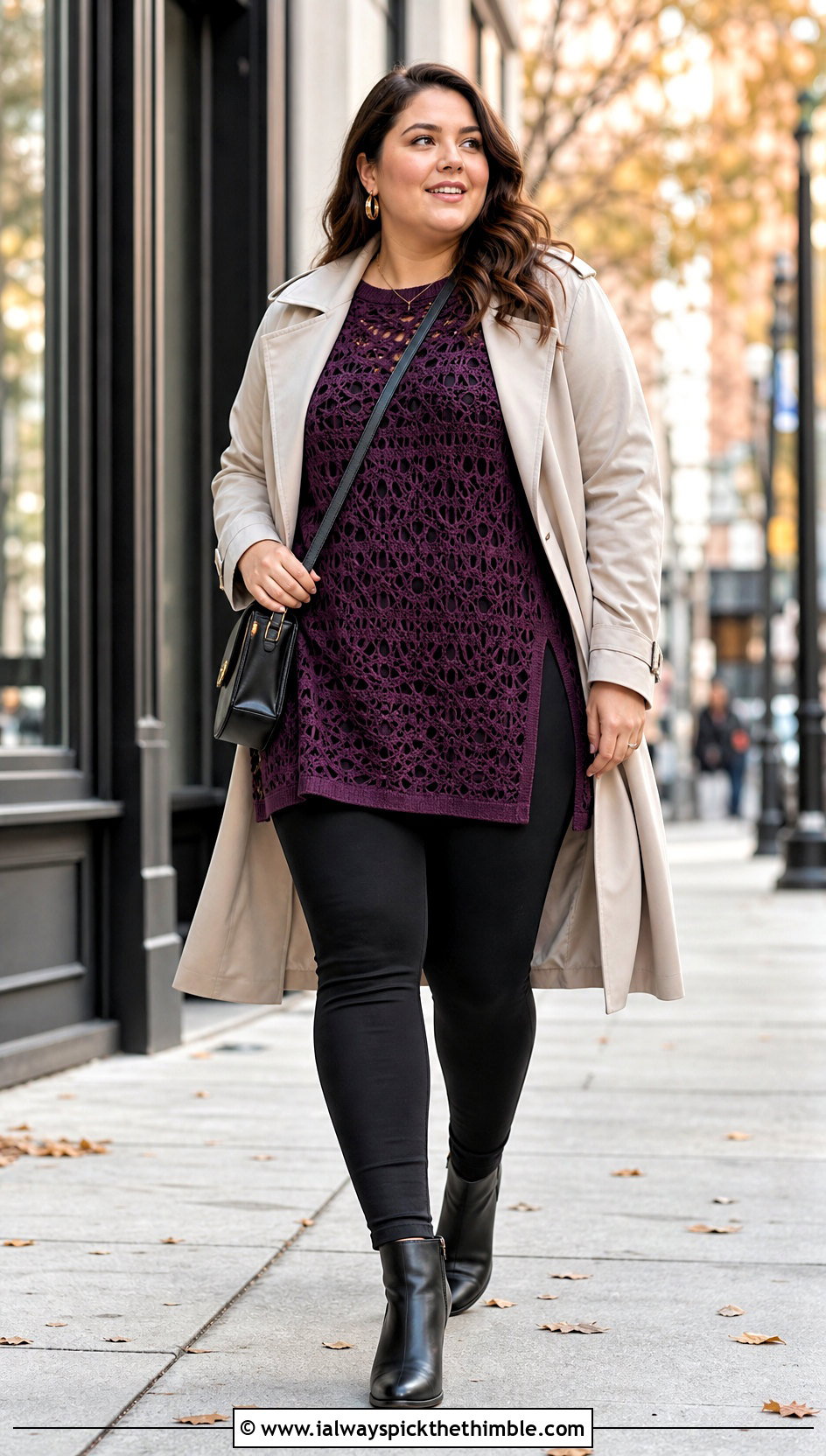 Plus Size Crochet Tunic Top With Leggings And Trench Coat - 20 Crochet Tops Plus Size outfit ideas