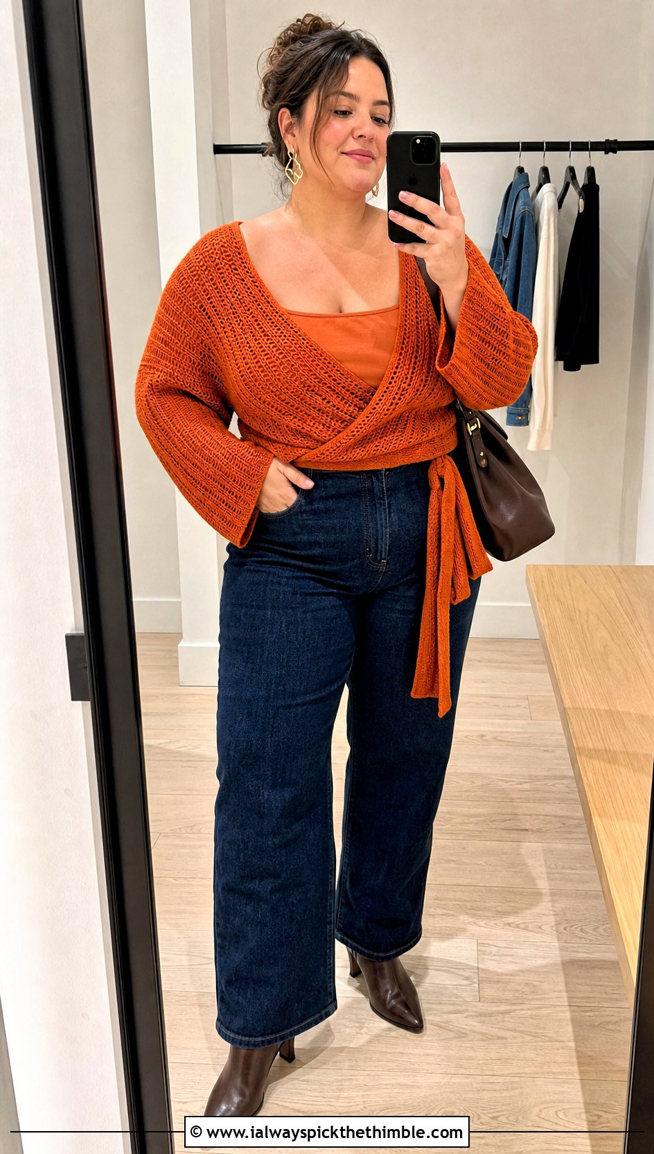Plus Size Crochet Wrap Top With Dark Wash Jeans - 20 Crochet Top Plus Size outfit ideas