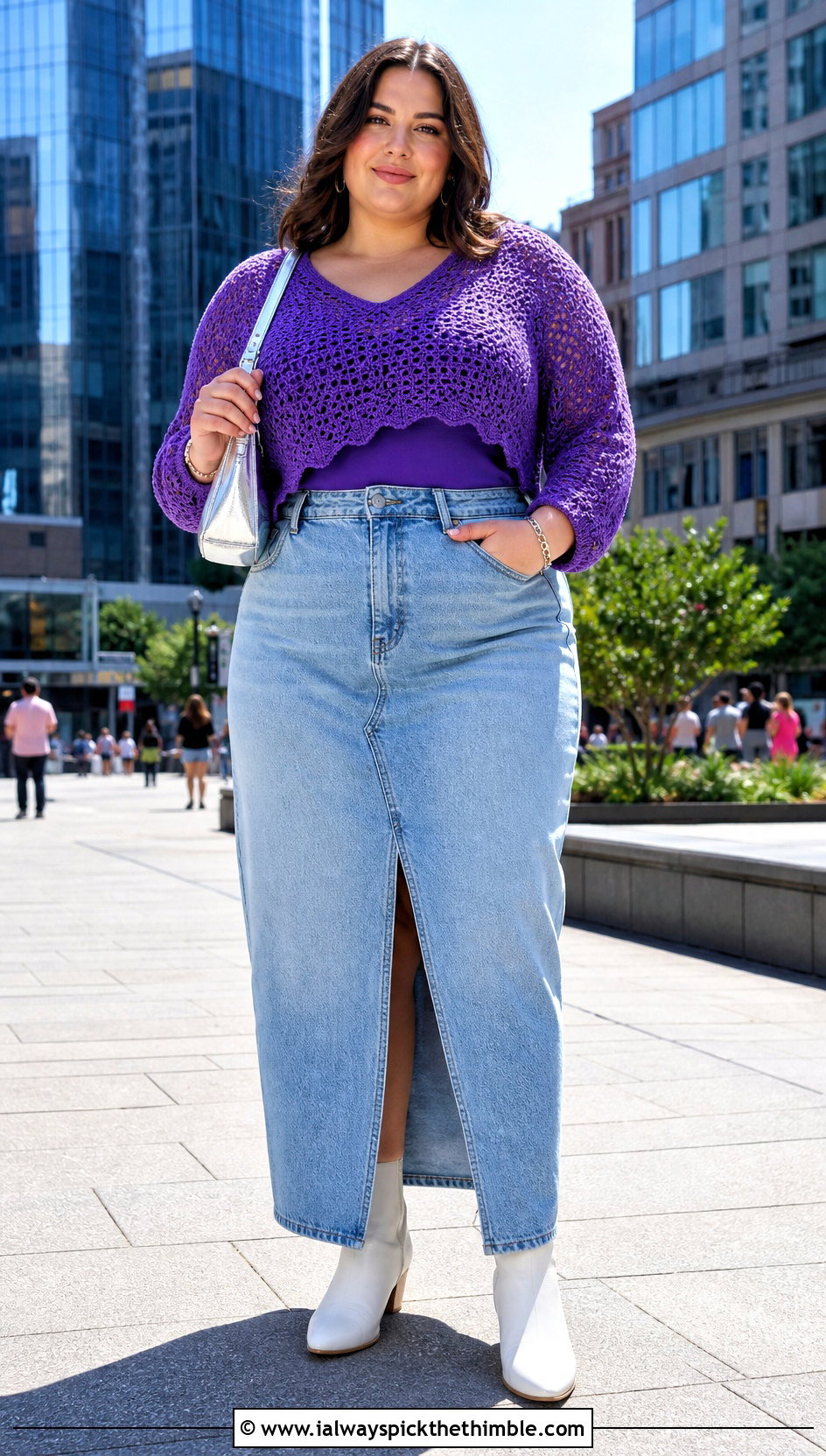 Plus Size Cropped Crochet Sweater With Denim Maxi Skirt - 20 plus size crochet sweater outfit ideas
