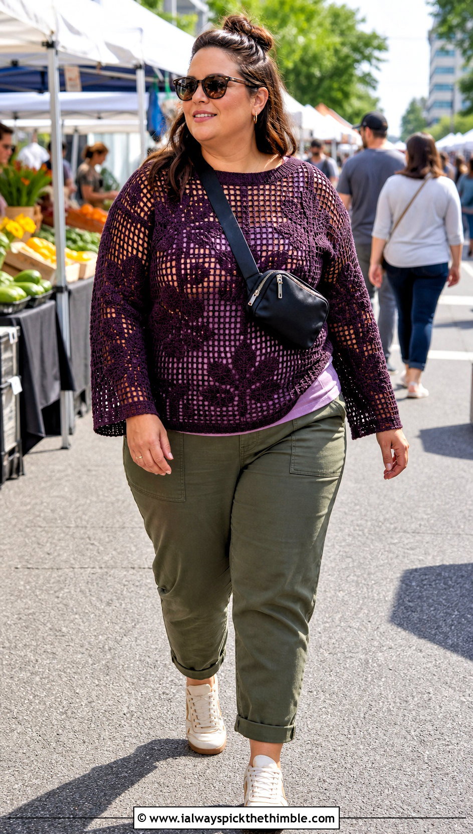 Plus Size Filet Crochet Sweater With Utility Pants - 20 plus size crochet sweater outfit ideas